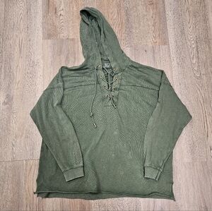 Aerie Green Lace Up V-Neck Boxy Oversized Hoodie Sweatshirt Small XS Lounge